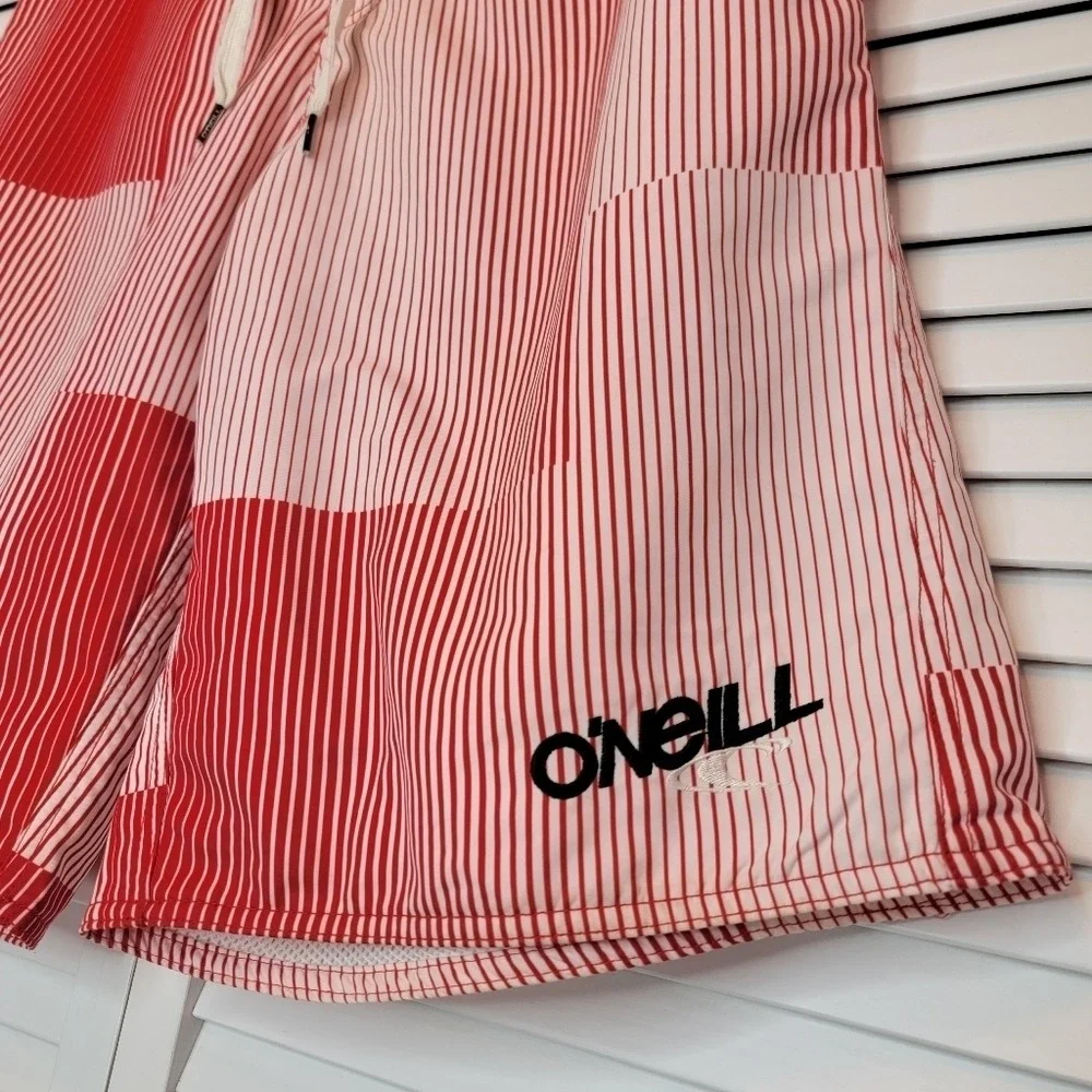 O'NEILL Warmond Striped Seersucker Board Shorts Orange Men Sz 32 Pockets Surfing